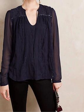 Anthropologie Tiny Paix Embroidered Blouse Navy XS NWT
